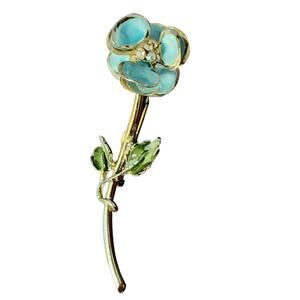 Vintage Goldtone Enamel Blue Floral Brooch Pin Rhinestone 60s Style Kennedy Twee